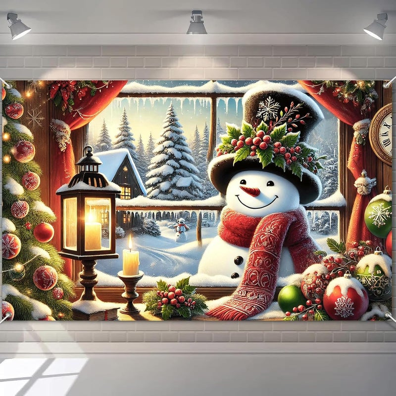 BlissYard Christmas Snowman Banner Backdrop Poster Winter Scene with Snowman Holiday Photo Booth Wall Hanging Decoration 71×43 Inch - Image 1